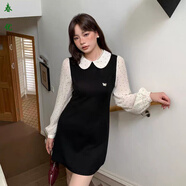 芭瑾圖大碼女裝娃娃領(lǐng)波點(diǎn)長(zhǎng)袖連衣裙秋季修身氣質(zhì)短裙子顯瘦遮肉微胖 黑色 L