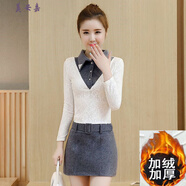 美安嘉2025秋冬新款韓版毛呢連衣裙女加絨蕾絲假兩件襯衣領(lǐng)中裙包臀裙潮 加絨加厚 淺灰色 S