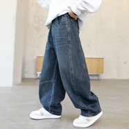 愛 西娜男童裝牛仔褲2025秋裝新款男孩輕奢品質(zhì)兒童復古做舊寬松休閑長褲 深藍色-春秋款 120