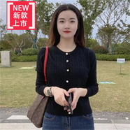 愛(ài)夸貓（AIKUAMAO）中年婦女廣州新塘女式牛仔褲春秋短款小香風(fēng)毛衣牛仔闊腿褲套裝女 黑色毛衣 XL (123-133斤)