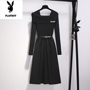 花花公子（PLAYBOY）法式一字肩針織連衣裙女春秋2025新款冬天配大衣內搭裙打底毛衣裙 黑色【送腰帶】 S 建議85-95斤