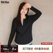 MsShe【長袖假兩件針織衫】大碼女裝2025秋裝胖mmT恤遮肚巨顯瘦毛衣 長袖【V領(lǐng)】黑色現(xiàn)貨 XL