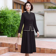 紫淑（Sweet basil）氣質(zhì)中老年假兩件連衣裙女春秋新款時(shí)尚遮肚高檔新中式盤(pán)扣a字裙 黑色 2XL     建議105-120斤