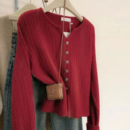 俞兆林燕麥色v領(lǐng)正肩打底毛衣女秋冬季新款小個(gè)子開(kāi)叉針織衫內搭打底衫 紅色 M