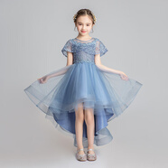 小咔衣濃小女孩公主裙女童花童婚禮蓬蓬紗兒童晚禮服主持人鋼琴演出服大童 藍(lán)色前短后長 170