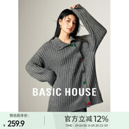 百家好（Basic House）Basic House/百家好不規(guī)則斜邊紐扣毛衣女秋冬中長款加厚開衫上衣 鋼鐵灰 M
