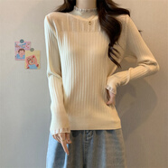 森馬（Semir）大碼半高領打底衫女春秋蕾絲拼接毛衣內搭長袖鏤空針織衫上衣胖mm 杏色 M 建議90-100斤
