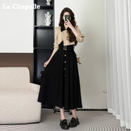 拉夏貝爾（La Chapelle）長袖連衣裙女秋季撞色連衣裙女收腰氣質(zhì)簡單大方高級感假兩件套 黑色卡碼拍大 S 80-100斤小八試穿碼