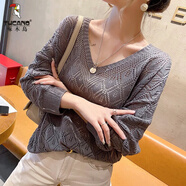 啄木鳥(niǎo)V領(lǐng)鉤花鏤空針織衫罩衫女寬松薄款2025年春秋寬松蝙蝠衫短款上衣 深灰色 XL