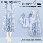 雷姆汀夏季穿搭一整套女2025新款旅游風(fēng)鏤空披肩配超仙吊帶連衣裙兩件套 藍色上衣+吊帶連衣裙 兩件套 M 建議80-100斤