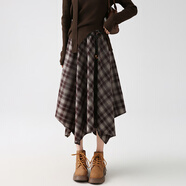 不規則格子半身裙2025新款高腰顯瘦百搭A字裙中長(cháng)款不規則傘裙 咖色 熱賣(mài) 均碼 80-150斤