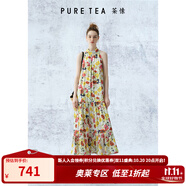 茶·愫（PURE TEA）【明星同款】puretea茶愫掛脖連衣裙女緞面雪紡印花長(zhǎng)裙2024夏新 米白 M