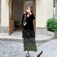 皮爾卡丹（pierre cardin）蕾絲拼接絲絨襯衫兩件套裝女2025秋新款高級感碎花半身裙連衣裙女 黑色套裝原版 升級優(yōu)質(zhì)版面料 XS 【80斤-95斤】