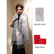 上海故事秋冬新款絲巾女用毛繡花披肩絲巾軟厚保暖長者禮盒 瑰麗多姿-灰
