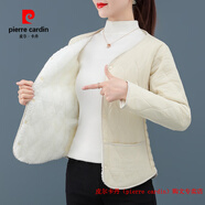 皮爾卡丹（pierre cardin）品牌高檔羽絨棉衣棉服外套女加絨加厚內(nèi)膽短款冬季媽媽內(nèi)穿棉襖子 米白色 一體絨 3XL 120-130斤
