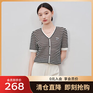 敦奴（DUNNU）dunnu敦奴2024夏季新款V領(lǐng)顯瘦鏤空撞色條紋針織衫女 正黑色 L