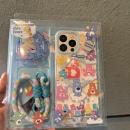 何物套裝彩虹小熊iPhone手機殼14蘋果16pro保護殼韓版卡通ins風可愛磁吸支架帶掛繩防摔亞克力透明硬殼 藍色彩虹熊(套裝) iPhone_16