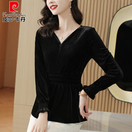 皮爾卡丹（pierre cardin）金絲絨打底衫女春秋2026新款長(cháng)袖t恤女收腰遮肚子裙擺小衫上衣女 黑色 XL 110-124斤
