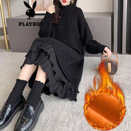花花公子（PLAYBOY）加絨/不加絨大碼女裝毛衣裙秋冬季中長款過膝寬松針織打底衫裙子 黑色【加絨】官方旗艦版 加厚 S 【80-90斤】