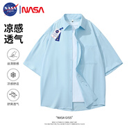 NASA GISS短袖襯衫男士休閑純色男女同款寬松襯衣外套百搭上衣 淺藍(lán) S