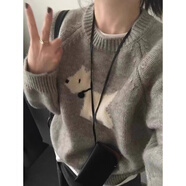 vnxifm慵懶風提花套頭卡通小狗毛衣女秋冬韓國內(nèi)搭針織衫灰色上衣 灰色 S _建議75-95斤