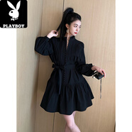 花花公子（PLAYBOY）2025早秋穿搭法式今年流行獨(dú)特漂亮巨好看的黑色赫本風(fēng)氣質(zhì)連衣裙 黑色【垂墜感連衣裙/洋氣減齡/絕美連衣裙/超火連衣 L
