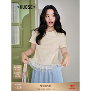 闊色（kuose）藍(lán)色針織T恤拼接蕾絲花邊下擺女2025夏季新款杏色蝴蝶結(jié)上衣 杏色 M