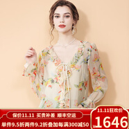 歐迪鳥(niǎo)（ODYBIRD）真絲上衣春夏2025新款度假風(fēng)荷葉邊減齡法式襯衫桑蠶絲碎花襯衣 杏色 S [適合<105]斤