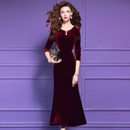 菲夢(mèng)伊原創(chuàng  )釘珠紅色連衣裙女秋裝新款復古高貴金絲絨收腰禮服長(cháng)裙 酒紅色 XL