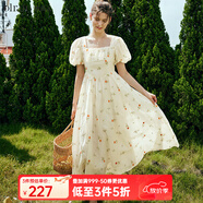 Olrain歐芮兒法式方領(lǐng)碎花連衣裙女夏季新款收腰歐根紗裙子 花色 L