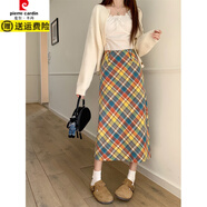 皮爾卡丹秋冬美式格子裙女大碼胖mm高腰顯瘦包臀裙設計感彩色中長(cháng)款半身裙 彩虹長(cháng)裙 2XL 【135-150斤】