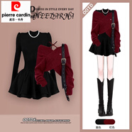 皮爾卡丹圣誕風(fēng)連衣裙獨特絕美小套裝深秋初冬季穿搭一整套感止步短裙 酒紅交叉毛衣+黑色蓬蓬裙【韓系搭配一整套冬裝/止步 L