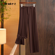 伊卉（YIHUI）美拉德色直筒休閑褲女2025新款秋季高腰氣質(zhì)西褲窄版顯瘦闊腿長(cháng)褲 棕色 S