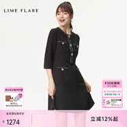 LIME FLARE萊茵福萊爾法式氣質(zhì)小香風(fēng)羊毛連衣裙2024秋季收腰設計感裙子女 黑色七分袖 S 155/76A/S