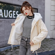 AEMAPE加絨加厚羊羔毛外套女秋冬裝2025新款韓版寬松百搭工裝棉衣棉服 純杏色加絨 加厚 M