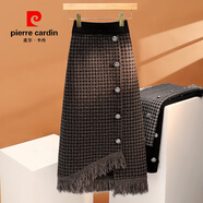 皮爾卡丹（pierre cardin）針織半身裙毛衣裙女秋冬格子裙中長(zhǎng)款不規(guī)則流蘇包臀毛線裙感 咖啡色 S