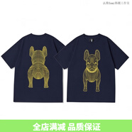 ADLV TEE韓國lifework新款韓版圓領短袖法斗犬圖案T恤上衣潮牌男女短袖 藏藍色黃狗 L