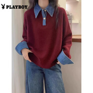 花花公子牛仔袖拼接毛衣女秋冬2025新款寬松POLO領(lǐng)針織衫 紅色 均碼