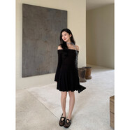 映棠MULVAN 設(shè)計(jì)感一字肩洋裝女新款韓版辣妹收腰喇叭袖a字短裙子 黑色現(xiàn)貨 S 均碼