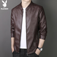 花花公子（PLAYBOY）皮夾克男士外套秋冬款新款時(shí)尚百搭皮衣男機車(chē)休閑加絨保暖上衣男 棗紅色 常規 XL