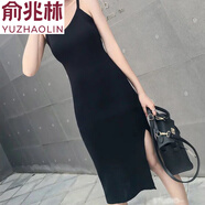 俞兆林包芯紗秋冬女裝毛線(xiàn)連衣裙背心裙中長(cháng)款V領(lǐng)性感顯瘦打底針織長(cháng)裙 包邊吊帶黑色連衣裙 冰絲 S 85-100斤