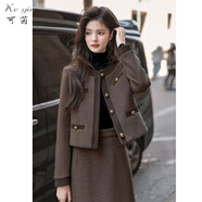 可茵（Keyin）連衣裙女裝套裝2025年秋冬新款復(fù)古毛呢短外套中長(zhǎng)款半身裙子女 棕色外套+半身裙 M