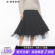 S.DEER圣迪奧冬季女裝優(yōu)雅復(fù)古通勤蕾絲鏤空網(wǎng)紗拼接毛呢長(zhǎng)裙S19481104 黑色/91 M/165