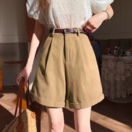 deciuhlae卡其色工裝牛仔短褲女夏季薄款高腰寬松休閑a字卷邊五分 卡其色 S