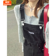 婍妡黑色牛仔背帶褲女春夏新款高腰顯瘦寬松時尚連身 5152黑色 XS