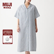 無(wú)印良品 MUJI 女式 法國亞麻水洗 五分袖開(kāi)襟連衣裙 BCL08C0S 米白色X條紋 M-L