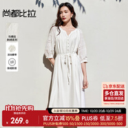 尚都比拉度假連衣裙女秋季七分袖鏤空刺繡優(yōu)雅氣質(zhì)A字裙V領(lǐng)系帶顯瘦中長裙