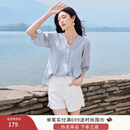 香影【王楚然明星同款】白色娃娃衫上衣女夏含亞麻小衫淡人薄v領襯衫 藍色 L 165/88A/110-125斤