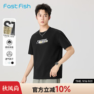 快魚休閑寬松短袖t恤男2025年夏季圓領(lǐng)簡(jiǎn)約印花青少年大碼短袖上衣潮 黑色15T1003 2XL