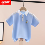 北極絨男童短袖t恤夏季2025新款學(xué)院風(fēng)兒童衣服男大童上衣服男孩Polo衫 藍(lán)色 120 碼（建議身高110cm左右）